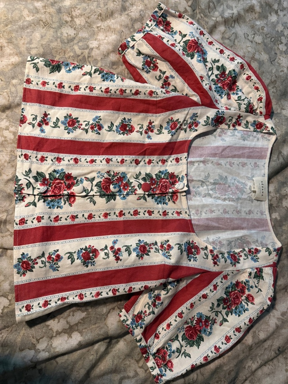 Sezane Floral Striped Square-Neck Top in Red and Cream